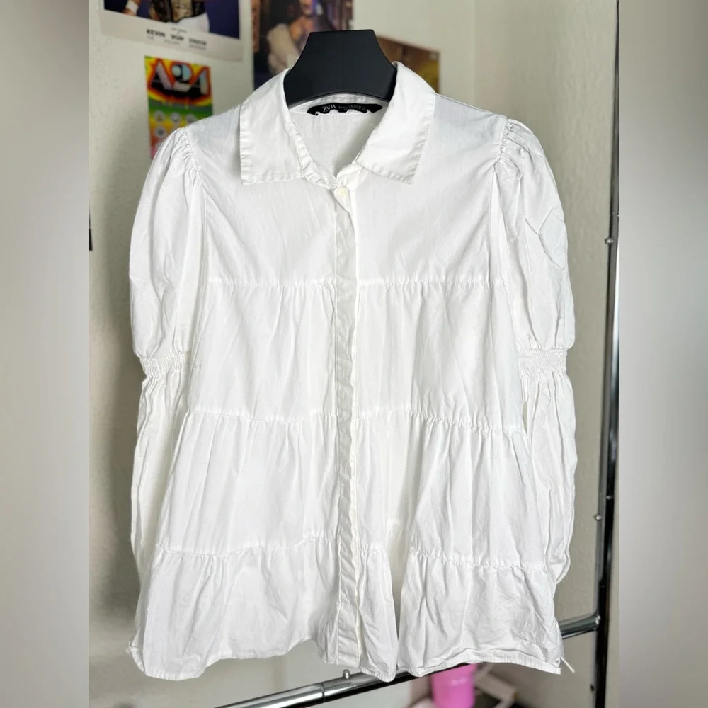 Zara White Tiered Puff Sleeve Blouse